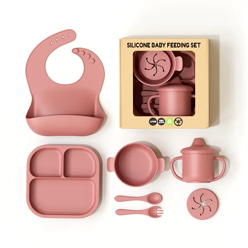 Eco Vriendelijke Bpa Gratis Siliconen Baby Spenen Servies Set Kinderen Siliconen Baby Voeding Set Met Sippy Cup