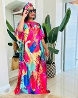 Robes Caftan Dame 2024 Vente en Gros, Mode Taille Unique Satin Imprimé Robe Longue Africaine Musulmane avec Foulard Abaya