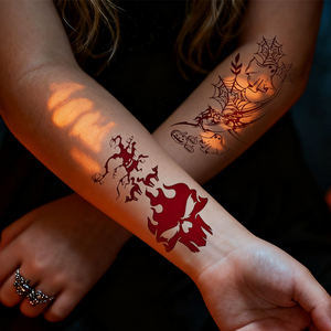Tatouages temporaires phosphorescents style sombre : Crâne, toile d'araignée, Halloween – Autocollants corporels temporaires longue durée et imperméables pour fêtes - Product Image 1