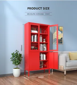 High quality household cabinet metal bookcase storage cabinet display cupboard with glass door for living room furniture