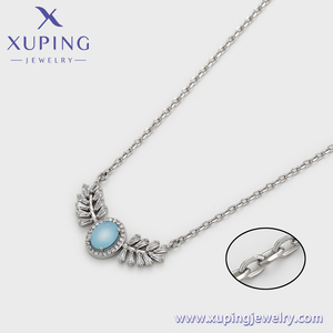 Xuping-collar de cadena de diamantes chapados en platino, joyería de lujo elegante con hojas animadas de piedra azul - Product Image 4