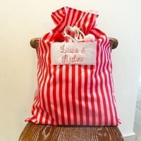 Toile à rayures rouge rose vert bleu avec pompon ficelle de coton doux sacs de père noël personnalisés vierges