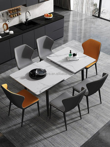 Retractable Rectangular Sintered Stone <b>Dining</b> <b>Table</b> Extendable Marble Top Black Tapered Metal Legs 4-6 Seater For Restaurant - Product Image 3