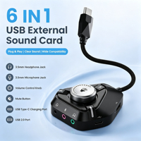 Carte son externe USB C 6 en 1 avec contrôle du volume, fonction de désactivation du micro, prise audio 3,5 mm, hub de charge PD pour PC, ordinateur portable, MacBook, PS5