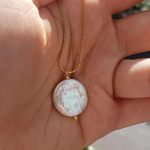Collar de Cadena de Serpiente con Colgante de Moneda de Perla Barroca Irregular para <span class=keywords><strong>Mujer</strong></span>, Ideal para Combinar con Otras Joyas - Product Image 4