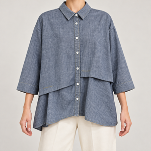 <b>Womens</b> Asymmetric Layered Shirt Denim Look Three Quarter Sleeves Button Front Collared Loose Fit <b>Blouse</b> Wholesale - Product Image 1