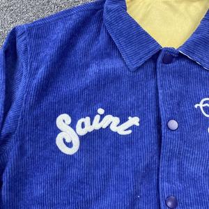 Jaket <span class=keywords><strong>coach</strong></span> streetwear pria korduroi rantai kustom logo tebal biru oem jaket pelatih bergaya kerah ritsleting atas - Product Image 5