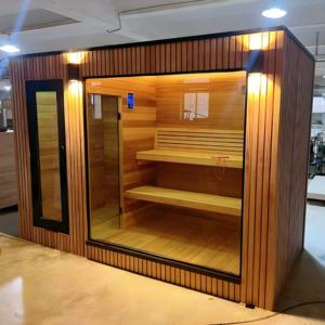 <span class=keywords><strong>Cabine</strong></span> <span class=keywords><strong>de</strong></span> <span class=keywords><strong>douche</strong></span> moderne en bois <span class=keywords><strong>de</strong></span> pruche écologique avec sauna infrarouge extérieur à toit plat, trous pré-percés, installation facile DIY pour villa - Product Image 5