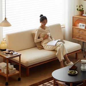 Sofá Cama con Estructura de Madera Maciza, Relleno de Espuma, Tres Plazas, Estilo Japonés, para Sala de Estar o Balcón, en Color Blanco, Marfil, Gris y Café - Product Image 2