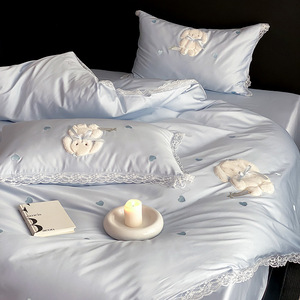 Cartoon 100s Long-staple Cotton Pure Cotton Four-piece Set <strong>Cute</strong> Girly Lace Embroidery Customizable Sheet Type Quilt <strong>Bedding</strong> - Product Image 6