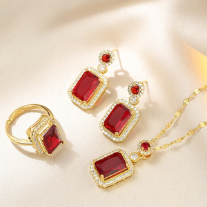 18K vàng mạ thép không gỉ Vòng cổ bông tai vòng Set thời trang <span class=keywords><strong>Red</strong></span> <span class=keywords><strong>Ruby</strong></span> Emerald cắt đá quý Zircon trang sức Set đối với phụ nữ - Product Image 4