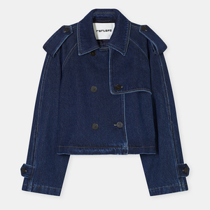 Veste trench courte en denim de coton bleu foncé pour homme, double boutonnage, coupe décontractée, printemps-automne - Product Image 3