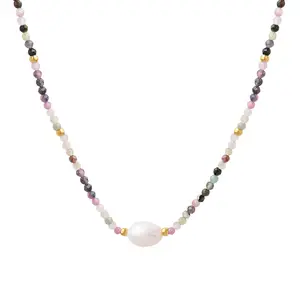波西米亚花式项链彩色天然宝石淡水珍珠项链女项链时尚饰品