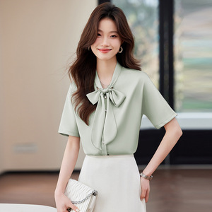 Women's Short Sleeve Chiffon Blouse Solid Color French Bow Top Office Wear Elegant Wrap And Tie Shirt - Product Image 1