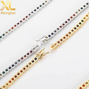Collar de cadena tipo tenis con circonita cúbica cuadrada de colores, engaste de tensión de cobre brillante, centro de perla brillante, geométrico, para compromiso - Product Image 2