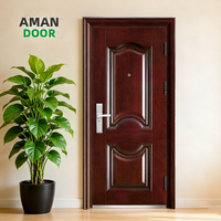 Porte de sécurité en acier grain de bois rouge foncé, panneaux ondulés bicolores gaufrés, poignée œil-de-chat argentée, classique, extérieur, best-seller Afrique