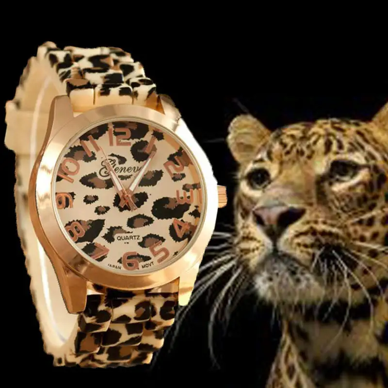 卸売ファッションヒョウ柄デザインクォーツ時計女性レディースシリコンバンド腕時計