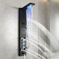 Colonne de douche thermostatique moderne en acier inoxydable brossé de luxe avec LED, mitigeur de baignoire, douchette à main et jet de pluie doux mural