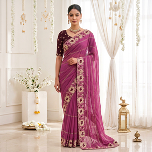AARA Fashion Women's <b>Maroon</b> Silk <b>Saree</b> Gold Embroidery Traditional Wedding Wear India Pakistan Style Floor-Length Regular Fit - Product Image 1