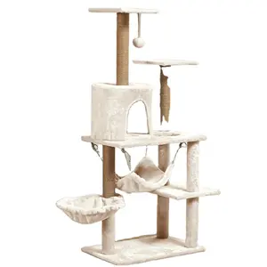 38*55*130cm Platform melompat Sisal memanjat bingkai kayu tiang kucing menara mainan tempat tidur gantung pohon kucing pohon cakar untuk kucing besar
