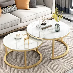 Two Size Living Room Furniture New Design Gold Metal Frame Marble Glass Top Modern Luxury Round Coffee Side Table for Sale