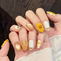 Lot de 10 faux ongles courts en amande, faits main, personnalisables, réutilisables, avec motifs 3D tournesol, écossais ambré, œil de chat, orange et jaune, en gel, vente en gros