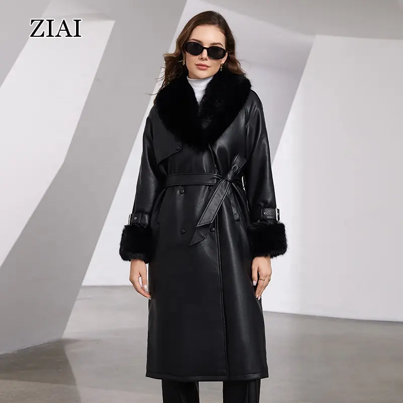 New Stock Double Breast Women Fur Coats Jackets Winter Long Coats Fashionable Trendy Fur Trimmed Leather Women Pu Coats