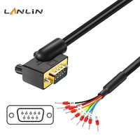 Cable DB9 macho-hembra chapado en oro con curva de 180 grados, terminal con borde superior pequeño y tubo marcador numerado, cable de conexión RS232