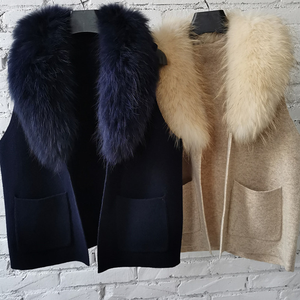 Tyan Wholesale New Design Spring Autumn Navy Blue Knit Wool <strong>Sleeveless</strong> <strong>Coat</strong> With Raccoon Fur Collar Custom Pure Wool Vest <strong>Women</strong> - Product Image 1