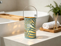 Lanterne en métal bleu sarcelle à découpes en forme de feuille, lanterne décorative portable en fer avec bordure dorée, option d'éclairage LED personnalisable