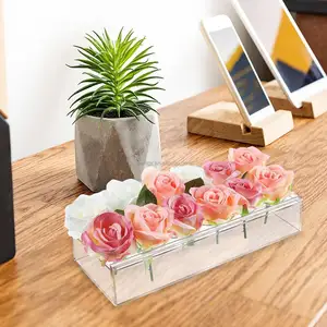 Vaso de flores acrílico retangular transparente com tampa deslizante para decoração de casa e casamento com 12 furos