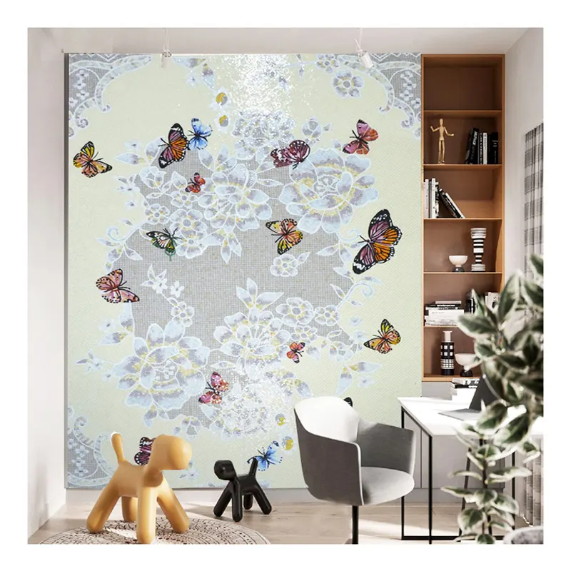 ZF Customized flower and butterfly mosaic art wall panel decoration murals glass butterfly wall decorations