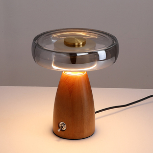 Nordic Dome <strong>Table</strong> Lamp Smoked <strong>Glass</strong> Shade Walnut Wood Base High CRI&ge;97 3CCT LED Nightstand <strong>Light</strong> for Bedroom Living Room Decor - Product Image 1