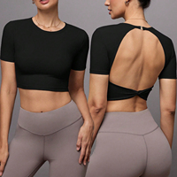 Custom Breathable Daily Athleisure Short Sleeve Hollow Out Twist Open Back <strong>Crop</strong> T-Shirt Activewear Yoga <strong>Workout</strong> Women <strong>Crop</strong> <strong>Top</strong>