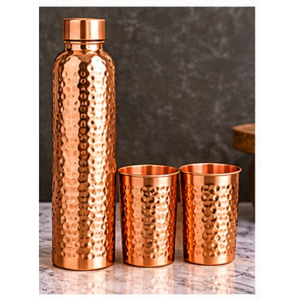 Handmade Copper <b>Water</b> <b>Bottle</b> with Lotus Design Bohemian Style Portable Drinkware for Travel <b>Metal</b> Flask Set - Product Image 2