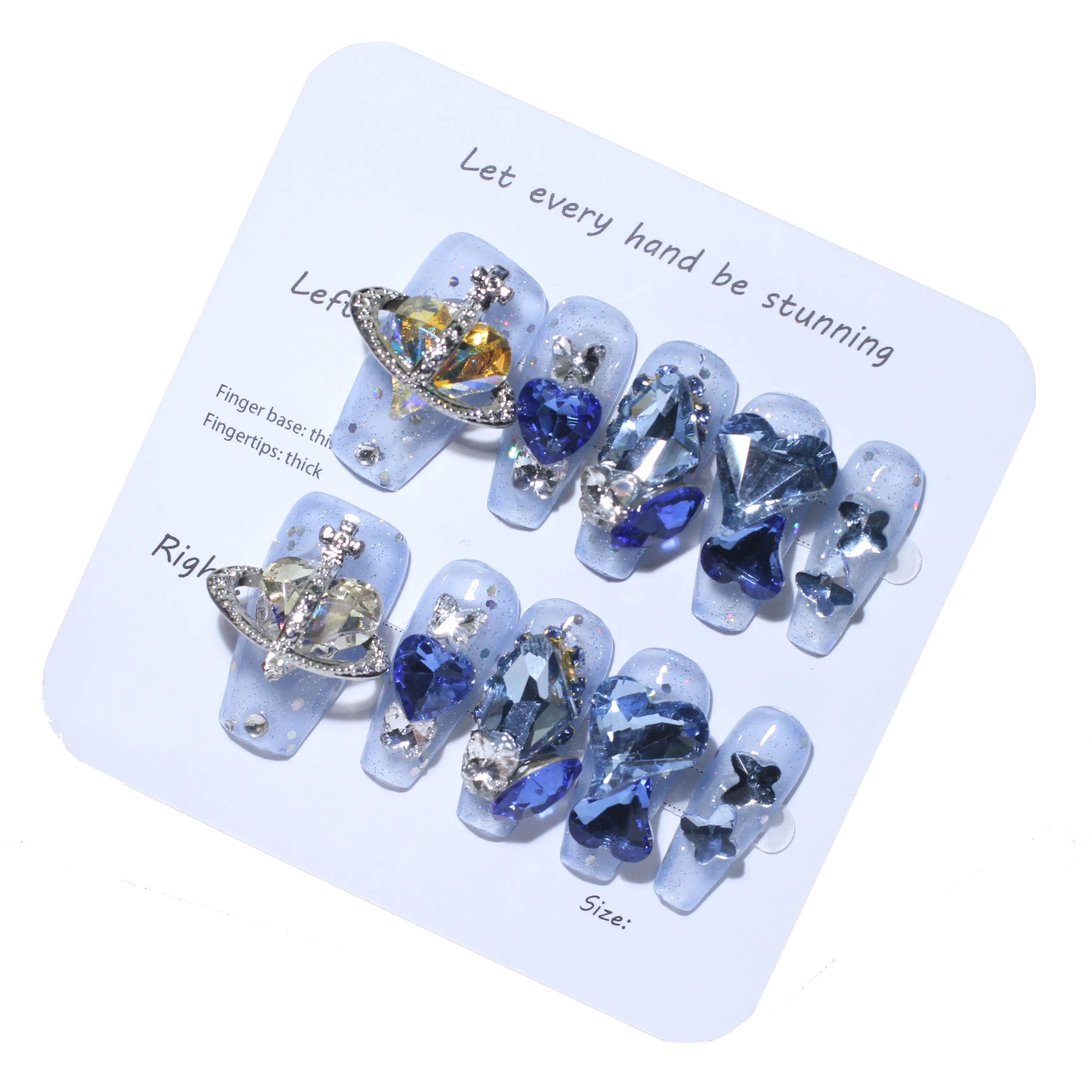 Strass di cristallo con cuore blu di lusso con copertura completa punta per unghie artificiali stampa personalizzata sulla bara unghie fatte a mano