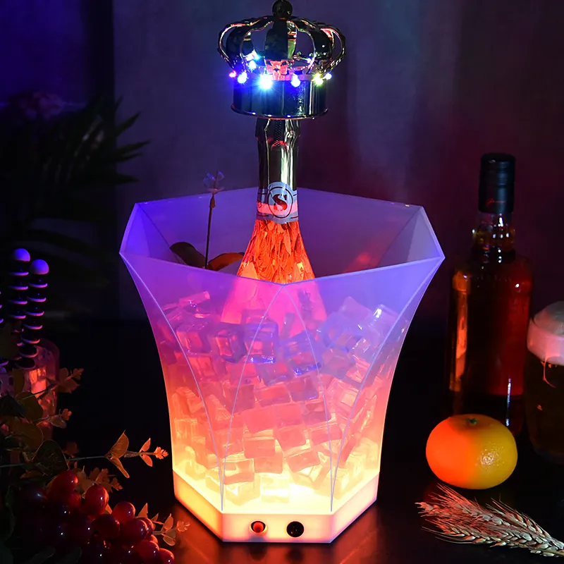 Hexagonal Bar Wine Beer Cooler Customized Rechargeable Battery Colorful Light PS PP Plastic Led Ice Bucket
