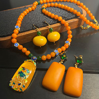 Collier et boucles d'oreilles triangulaires en chalcédoine, ambre et cuivre électroplaqué, style vintage rétro, chic national, style chinois, pour femmes