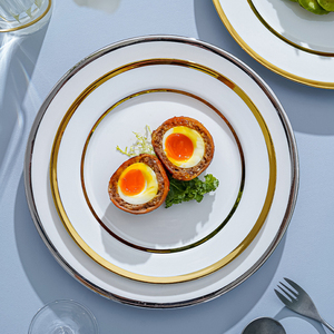 Plato plano redondo con borde de oro blanco de lujo de estilo europeo, juegos de <span class=keywords><strong>vajilla</strong></span> de cerámica de 6/8/10 pulgadas, juego de platos de cena de comida de porcelana - Product Image 3