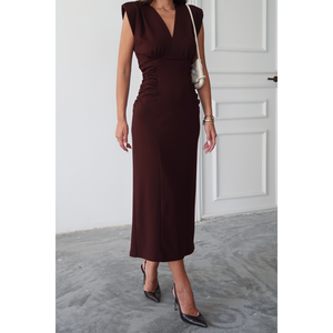 เดรสสีน้ำตาลทรงวีคอแบบสกูบา ดีไซน์จับจีบด้านข้าง ความยาวปานกลาง เหมาะสำหรับใส่ทำงาน สำหรับผู้หญิง ไซส์ S - Product Image 4