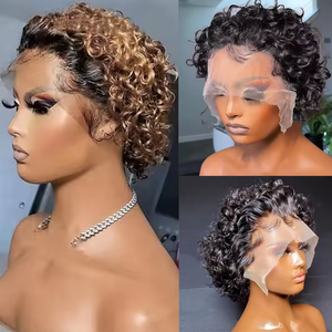 Promotion des cheveux bouclés courts brésiliens perruques courtes bouclées <span class=keywords><strong>oreille</strong></span> à <span class=keywords><strong>oreille</strong></span> dentelle frontale pas cher court coupe Pixie court bouclé Bob perruque - Product Image 3