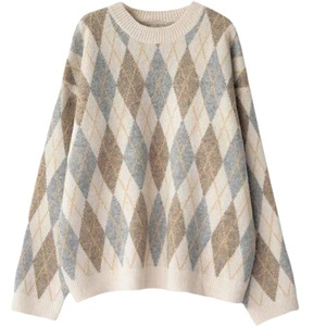 Pull en tricot à motif diamant pour femme, mi-long, coupe ample, en coton épais et chaud, pour l'automne et l'hiver - Product Image 5