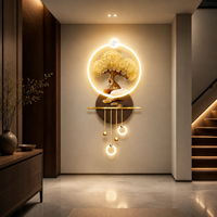 Décoration murale 3D LED Arbre Doré en Porcelaine Cristalline avec Anneau Lumineux Suspendu pour Entrée, Couloir, Salon, Intérieur d'Hôtel