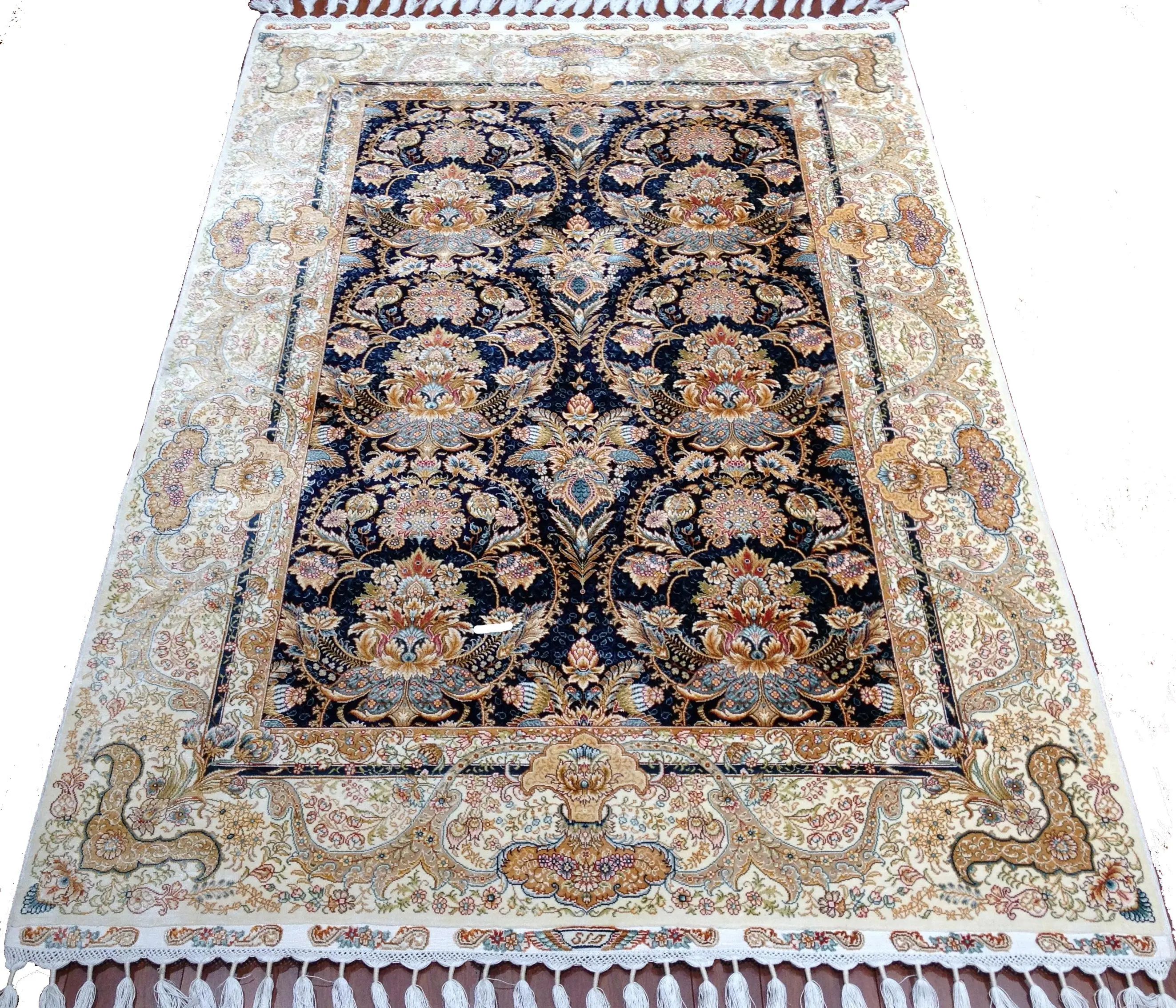 Koyu mavi 120x180cm oryantal farsça handknotted 400kpsi türk el yapımı düz püsküllü dekoratif ipek halılar tapis hali kilim