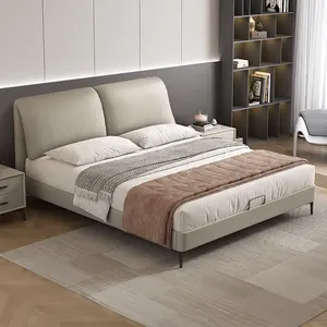 Conjunto de cama de quarto com plataforma macia, cama Queen size com cabeceira, design de couro genuíno