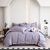 Parure de lit 100% pur coton violet clair draps brodés et housse de couette