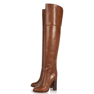 Bottes de chevalier en cuir marron pour femmes et hommes, bottes longues épaisses à bout rond, confortables et tendance, au-dessus du genou - Product Image 1