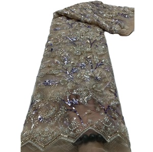 Tissu KC de luxe en dentelle florale perlée, tulle brodé à la main avec des cristaux pour robe de soirée africaine Aso Ebi - Product Image 1
