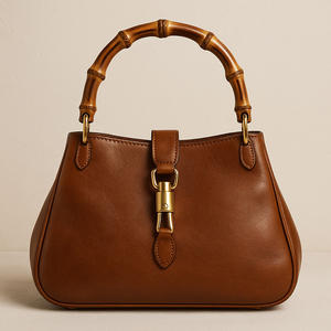 Sac à main de luxe en cuir de vachette pleine fleur avec un coloris marron rétro, une poignée en bambou unique et une boucle de fermeture métallique, pochette de haute qualité - Product Image 3