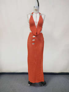 Viviblook Z307ST Conjunto de Dos Piezas de Verano para Mujer, Tejido a Crochet, Ropa de Playa, Sexy, Espalda Descubierta, Top Corto Halter, Falda Larga con Abertura - Product Image 6